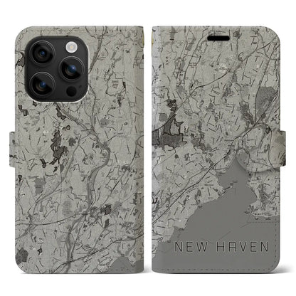 【ニューヘイブン（アメリカ）】地図柄iPhoneケース（手帳タイプ）モノトーン・iPhone 16 用