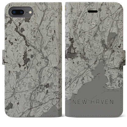 【ニューヘイブン（アメリカ）】地図柄iPhoneケース（手帳タイプ）モノトーン・iPhone 8Plus /7Plus / 6sPlus / 6Plus 用