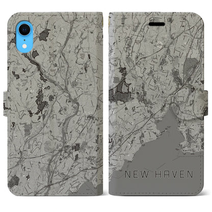 【ニューヘイブン（アメリカ）】地図柄iPhoneケース（手帳タイプ）モノトーン・iPhone XR 用