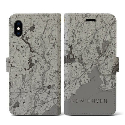 【ニューヘイブン（アメリカ）】地図柄iPhoneケース（手帳タイプ）モノトーン・iPhone XS / X 用