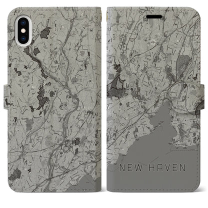 【ニューヘイブン（アメリカ）】地図柄iPhoneケース（手帳タイプ）モノトーン・iPhone XS Max 用