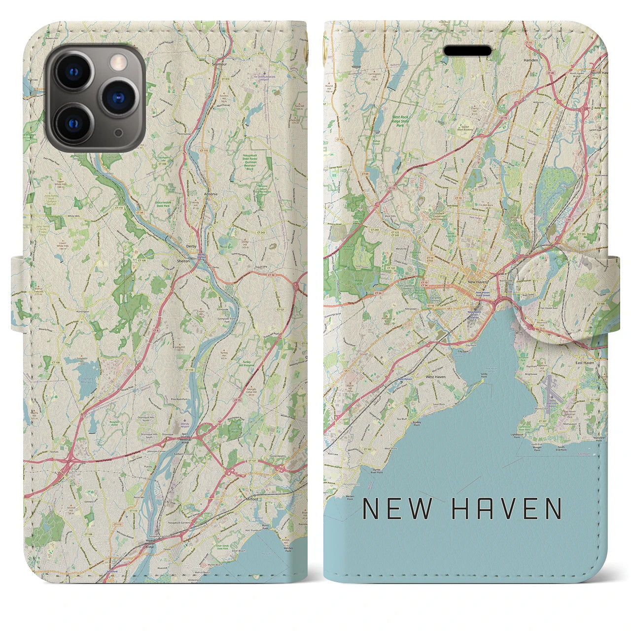 【ニューヘイブン】地図柄iPhoneケース（手帳両面タイプ・ナチュラル）iPhone 11 Pro Max 用