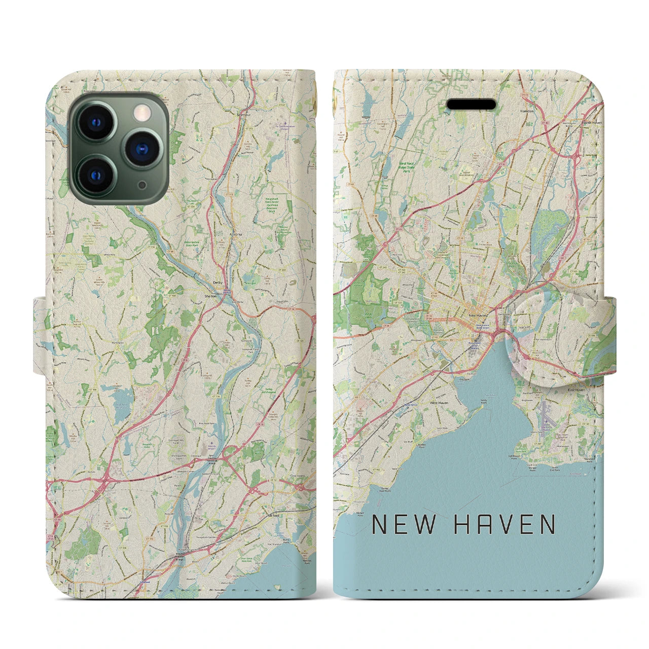 【ニューヘイブン】地図柄iPhoneケース（手帳両面タイプ・ナチュラル）iPhone 11 Pro 用