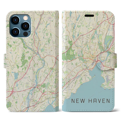 【ニューヘイブン（アメリカ）】地図柄iPhoneケース（手帳タイプ）ナチュラル・iPhone 12 / 12 Pro 用