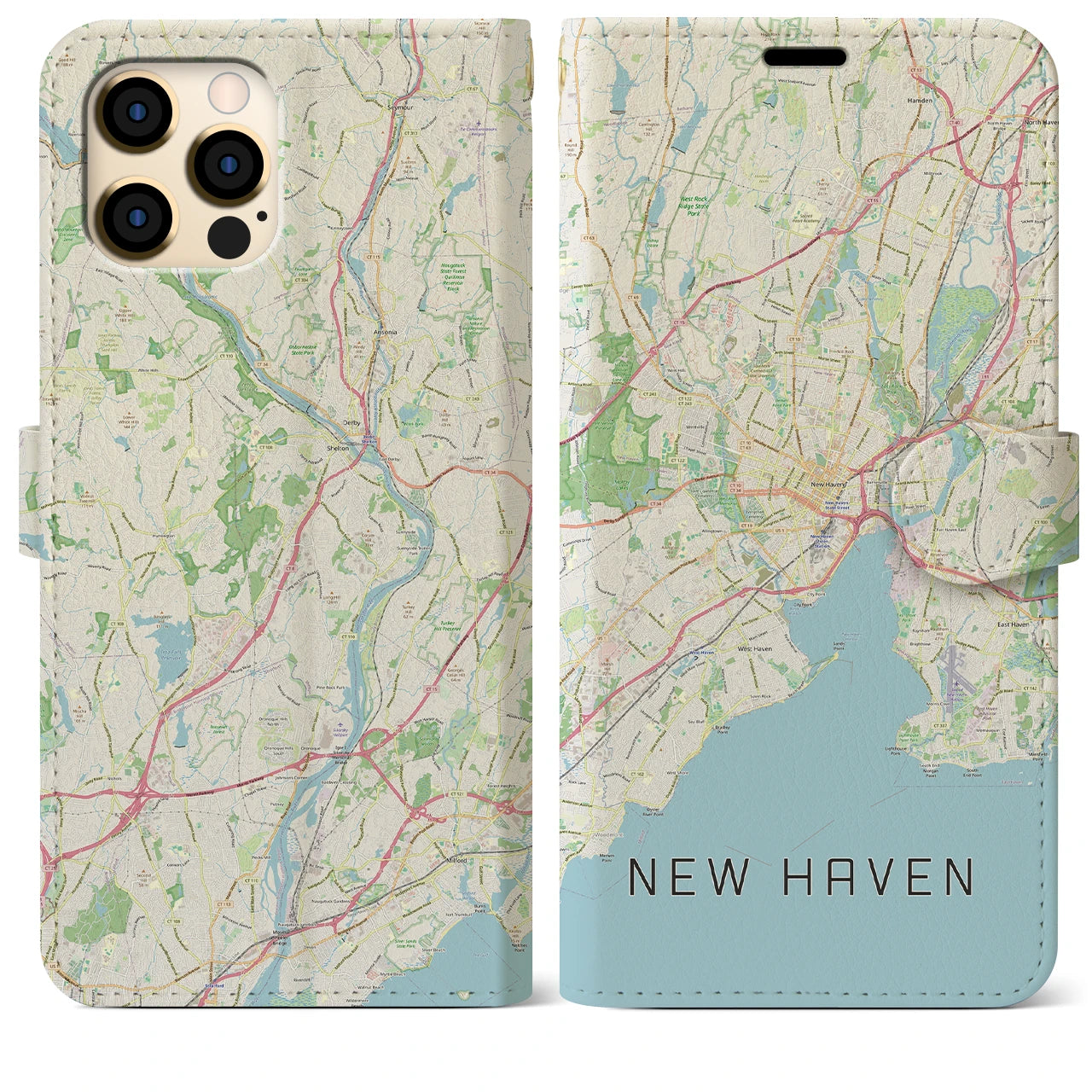 【ニューヘイブン】地図柄iPhoneケース（手帳両面タイプ・ナチュラル）iPhone 12 Pro Max 用