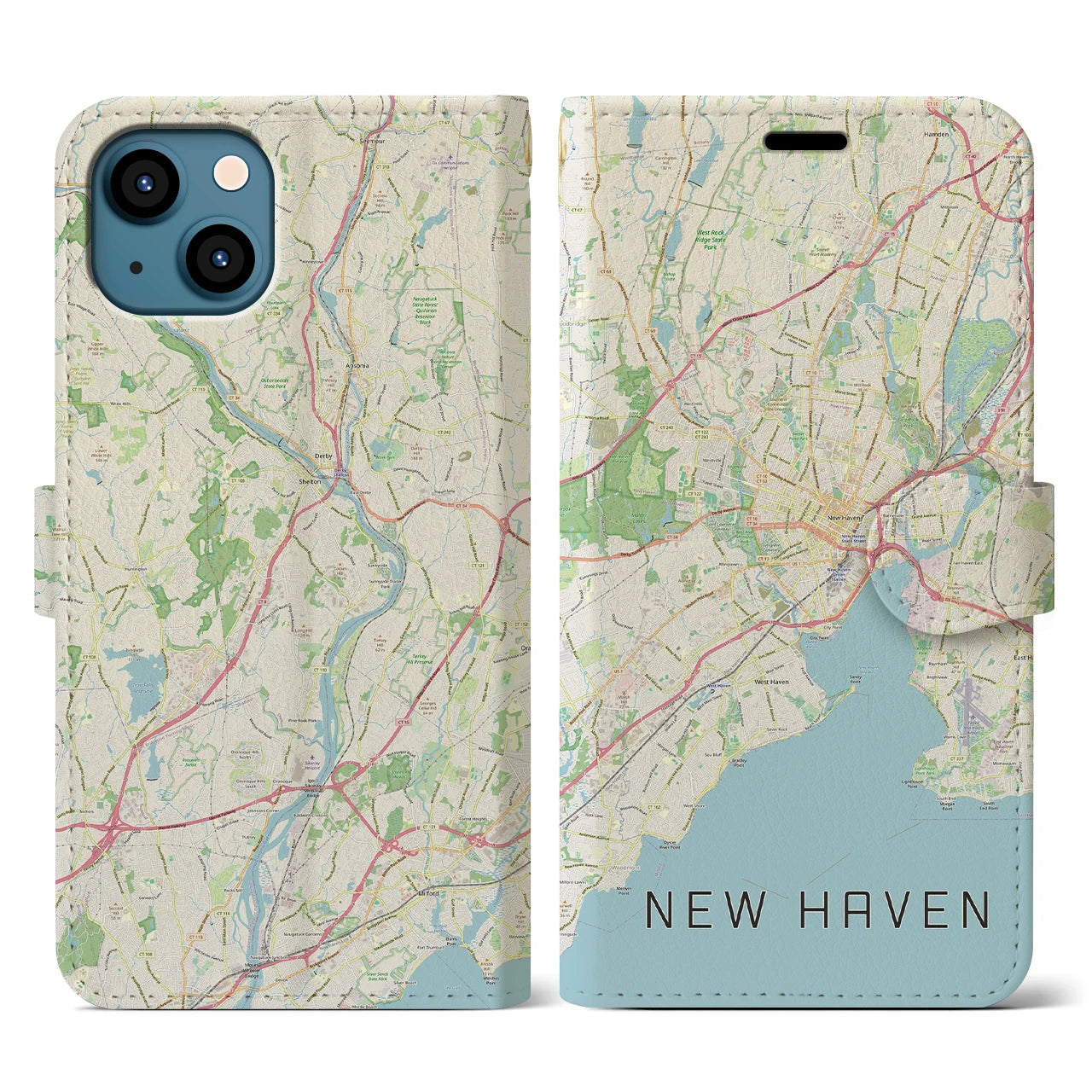 【ニューヘイブン】地図柄iPhoneケース（手帳両面タイプ・ナチュラル）iPhone 13 用
