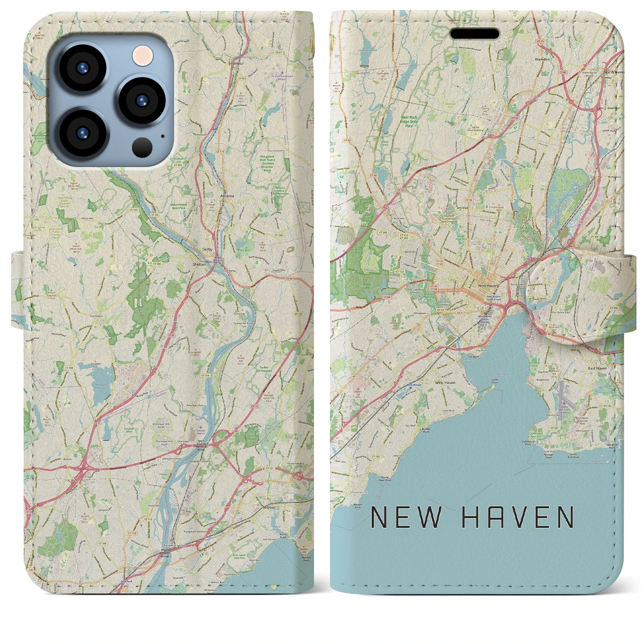 【ニューヘイブン】地図柄iPhoneケース（手帳両面タイプ・ナチュラル）iPhone 13 Pro Max 用