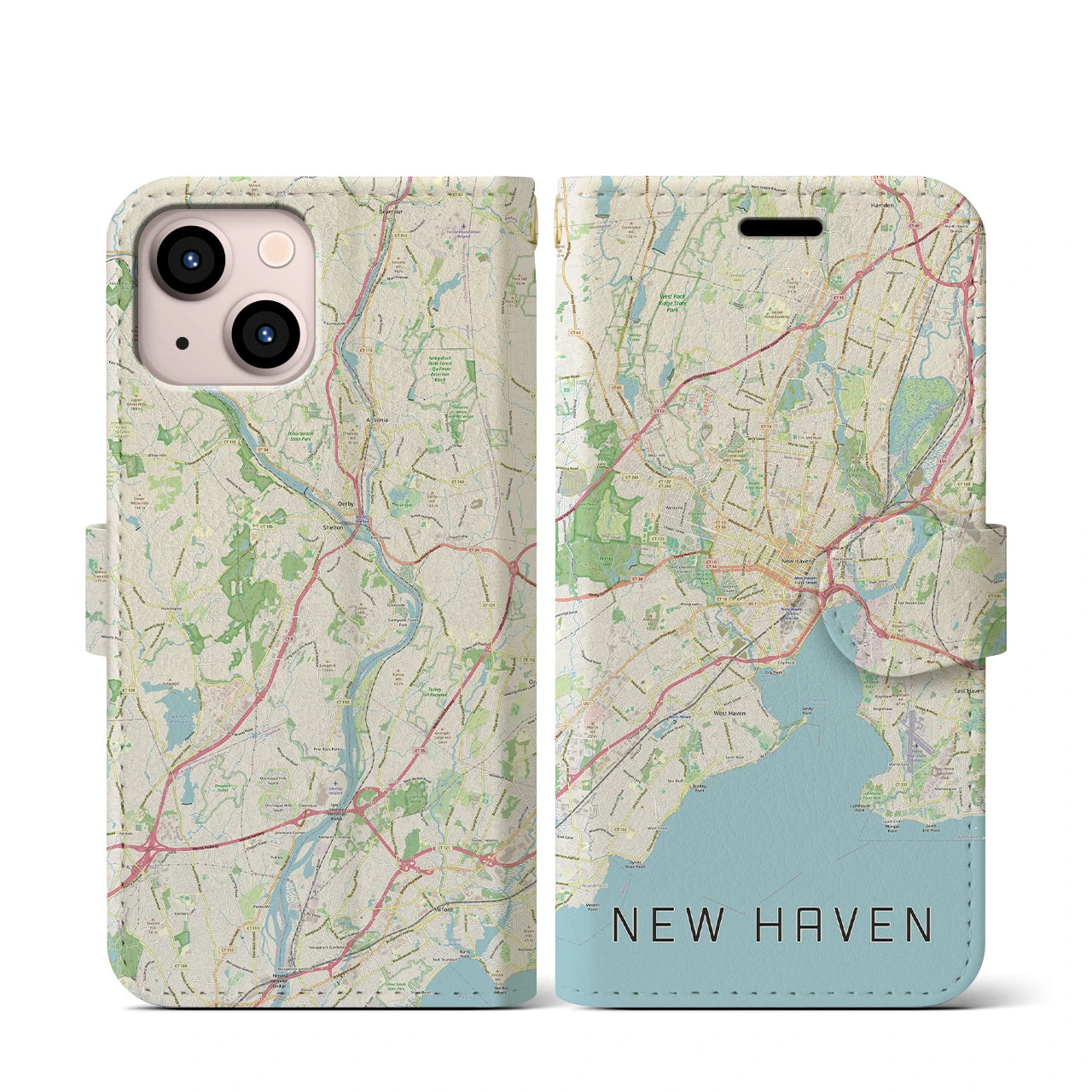 【ニューヘイブン】地図柄iPhoneケース（手帳両面タイプ・ナチュラル）iPhone 13 mini 用