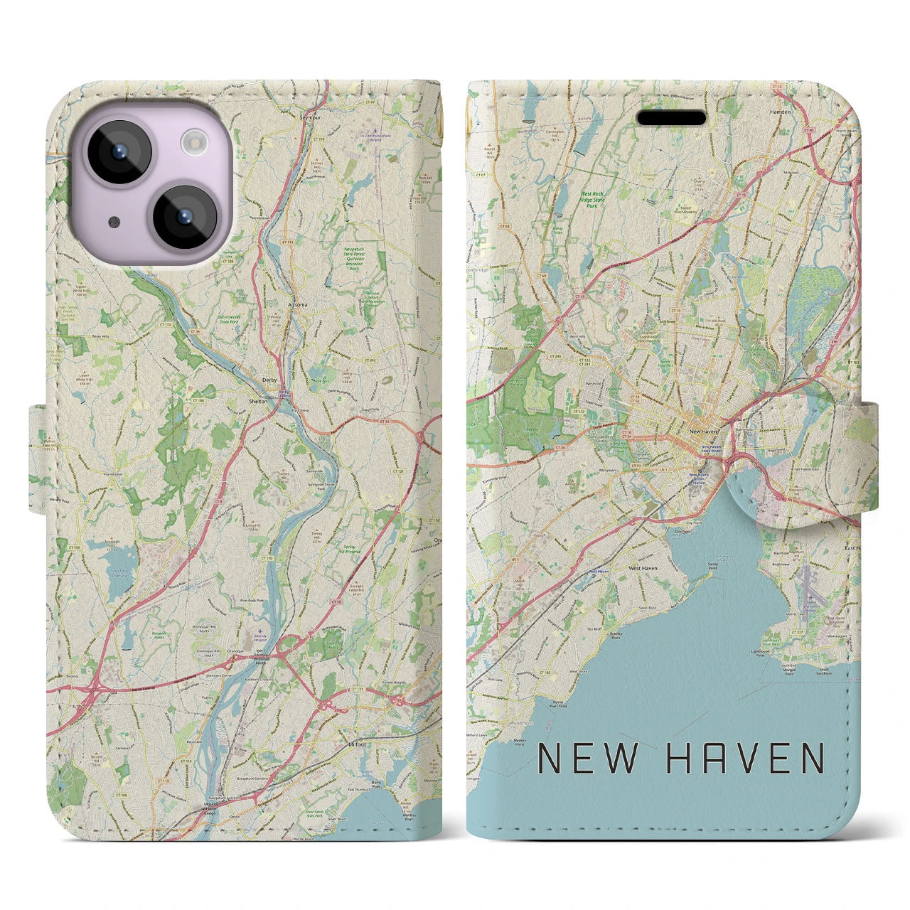 【ニューヘイブン】地図柄iPhoneケース（手帳両面タイプ・ナチュラル）iPhone 14 用