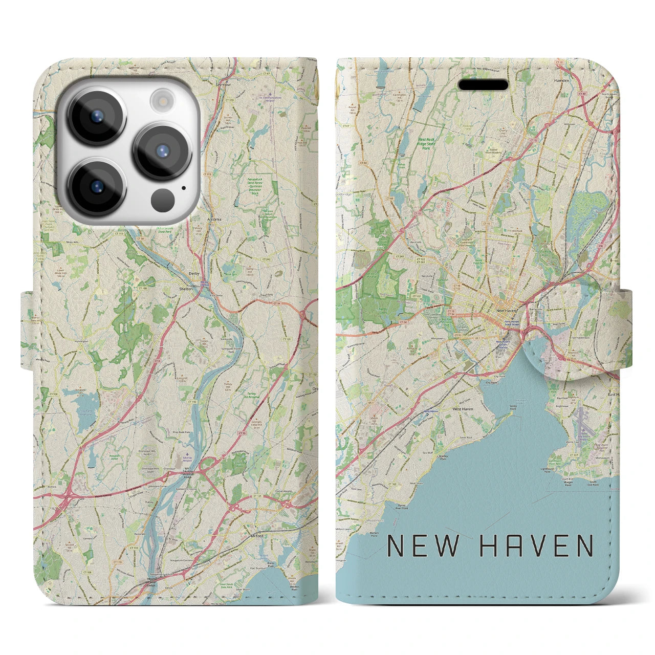 【ニューヘイブン】地図柄iPhoneケース（手帳両面タイプ・ナチュラル）iPhone 14 Pro 用