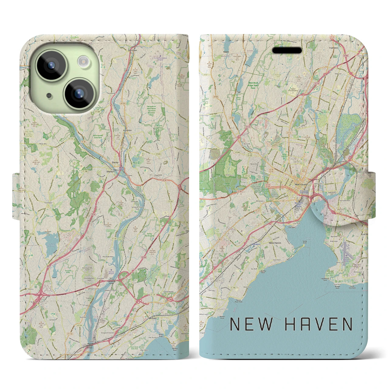 【ニューヘイブン】地図柄iPhoneケース（手帳両面タイプ・ナチュラル）iPhone 15 用