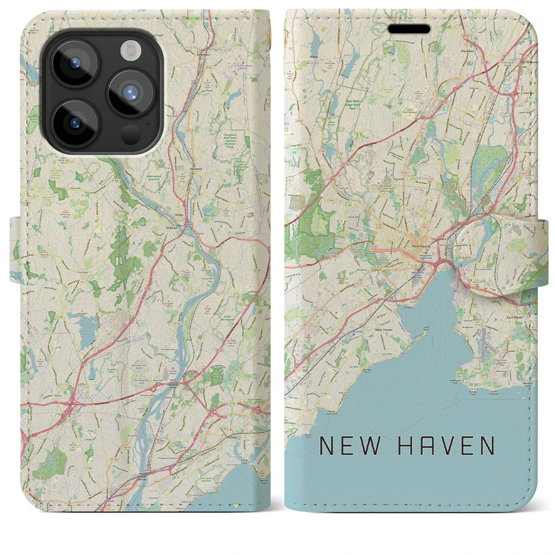 【ニューヘイブン】地図柄iPhoneケース（手帳両面タイプ・ナチュラル）iPhone 15 Pro Max 用