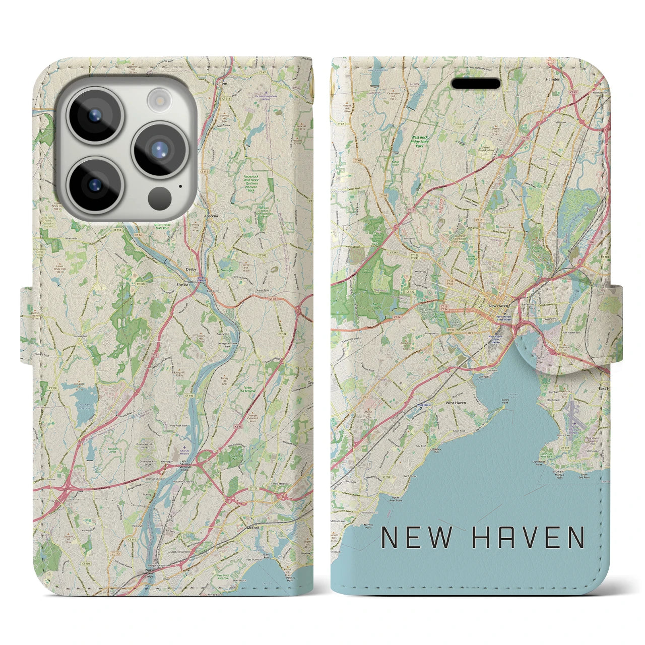 【ニューヘイブン】地図柄iPhoneケース（手帳両面タイプ・ナチュラル）iPhone 15 Pro 用