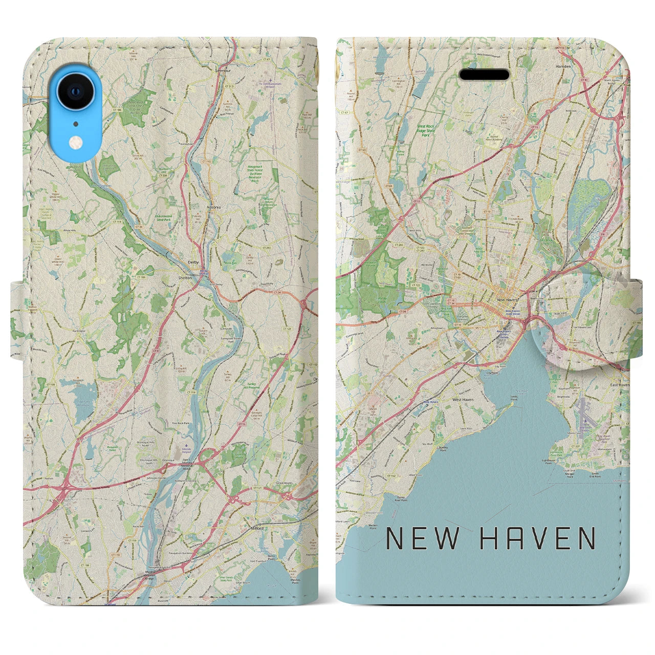 【ニューヘイブン】地図柄iPhoneケース（手帳両面タイプ・ナチュラル）iPhone XR 用