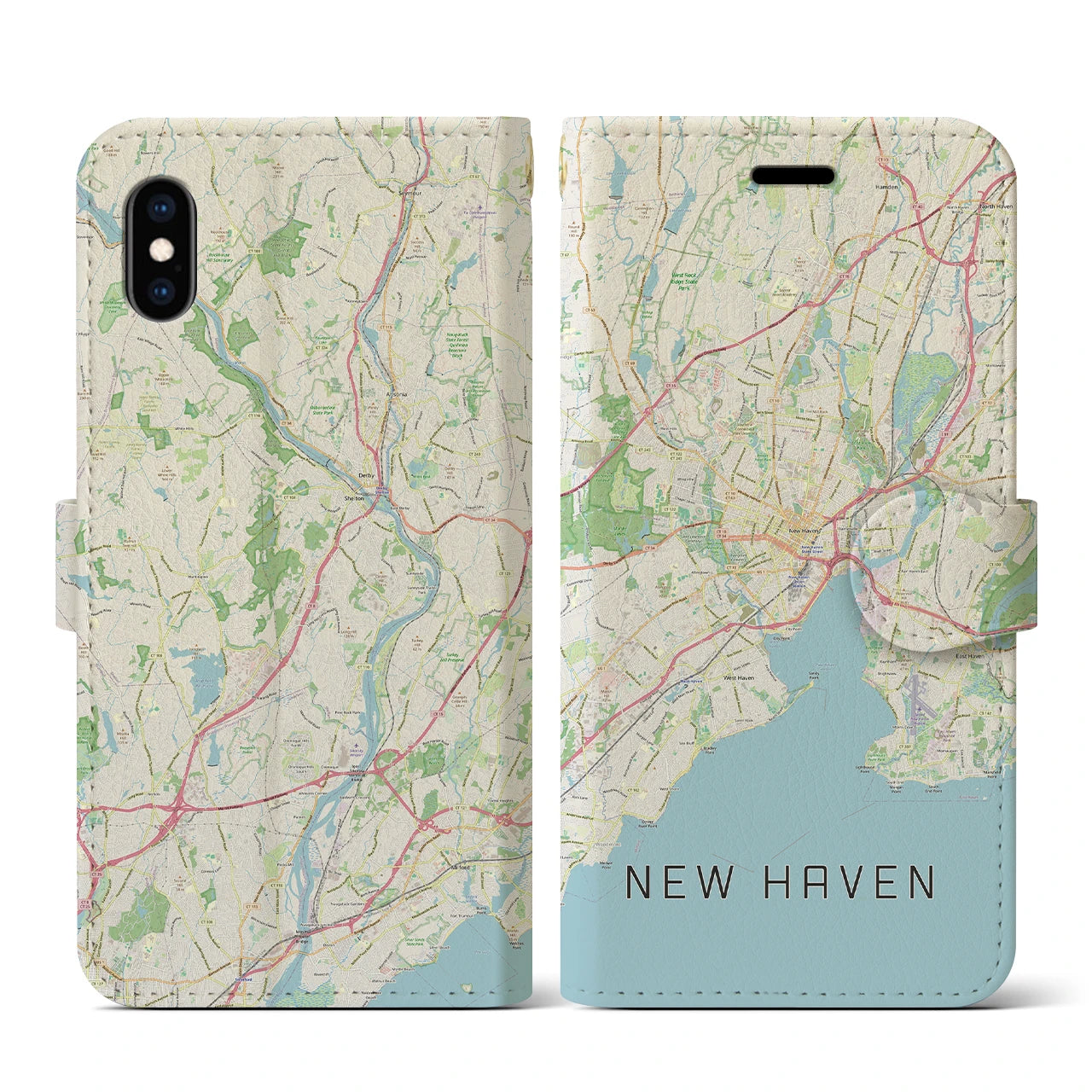 【ニューヘイブン】地図柄iPhoneケース（手帳両面タイプ・ナチュラル）iPhone XS / X 用