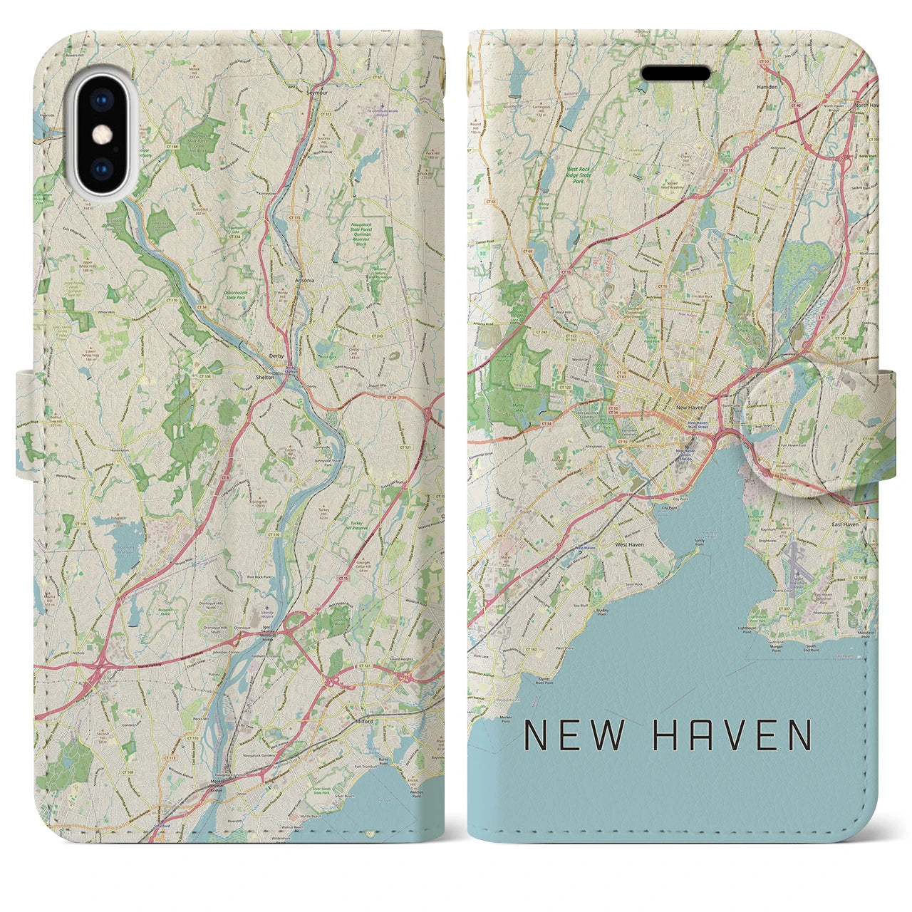 【ニューヘイブン】地図柄iPhoneケース（手帳両面タイプ・ナチュラル）iPhone XS Max 用