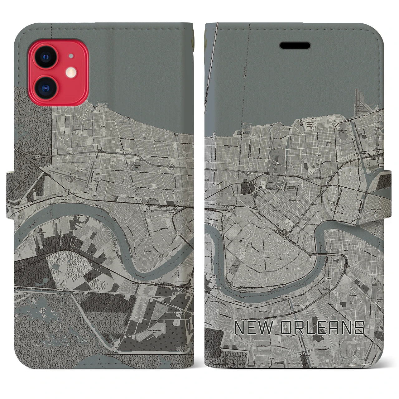 【ニューオーリンズ】地図柄iPhoneケース（手帳両面タイプ・モノトーン）iPhone 11 用