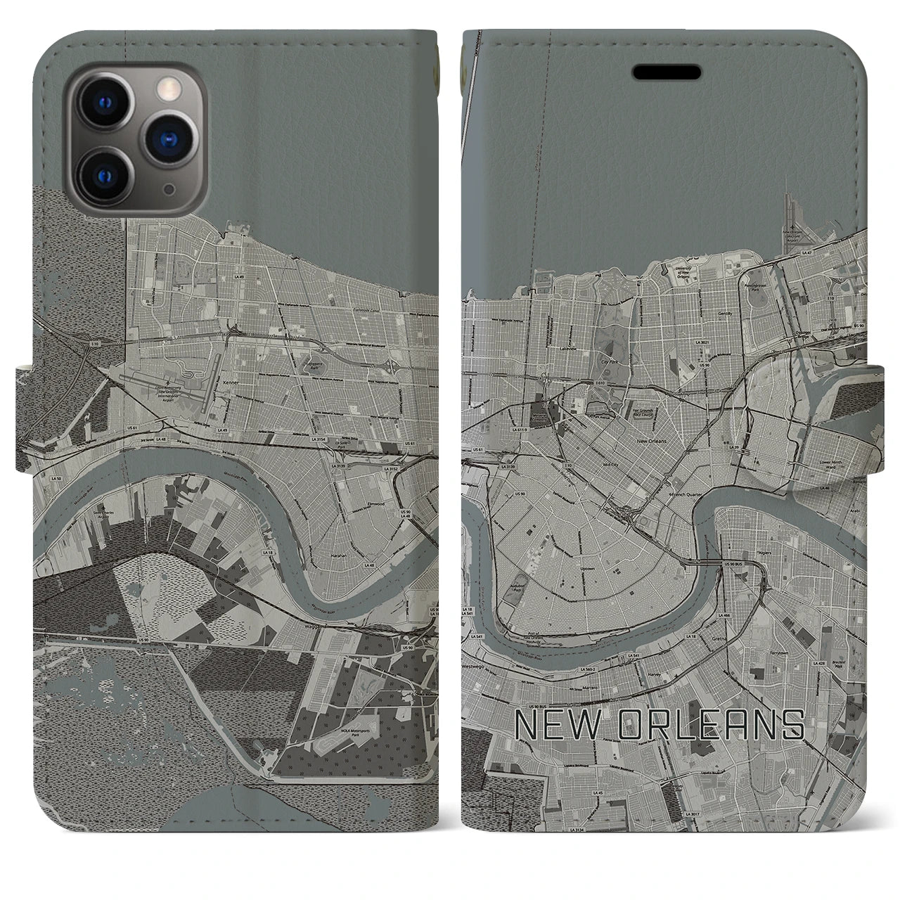 【ニューオーリンズ】地図柄iPhoneケース（手帳両面タイプ・モノトーン）iPhone 11 Pro Max 用