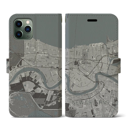 【ニューオーリンズ（アメリカ）】地図柄iPhoneケース（手帳タイプ）モノトーン・iPhone 11 Pro 用
