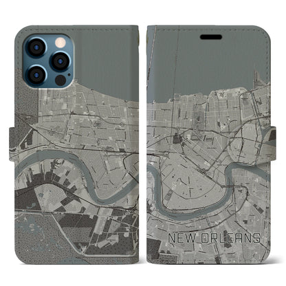 【ニューオーリンズ（アメリカ）】地図柄iPhoneケース（手帳タイプ）モノトーン・iPhone 12 / 12 Pro 用