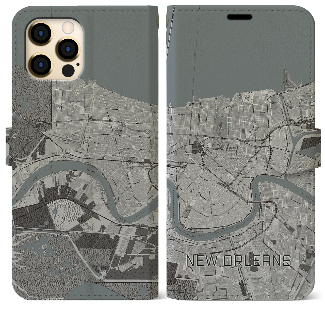 【ニューオーリンズ】地図柄iPhoneケース（手帳両面タイプ・モノトーン）iPhone 12 Pro Max 用