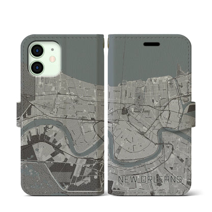 【ニューオーリンズ（アメリカ）】地図柄iPhoneケース（手帳タイプ）モノトーン・iPhone 12 mini 用