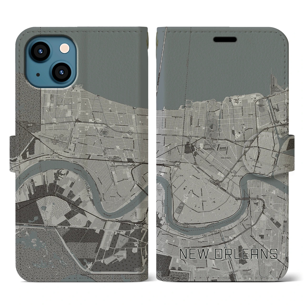 【ニューオーリンズ】地図柄iPhoneケース（手帳両面タイプ・モノトーン）iPhone 13 用
