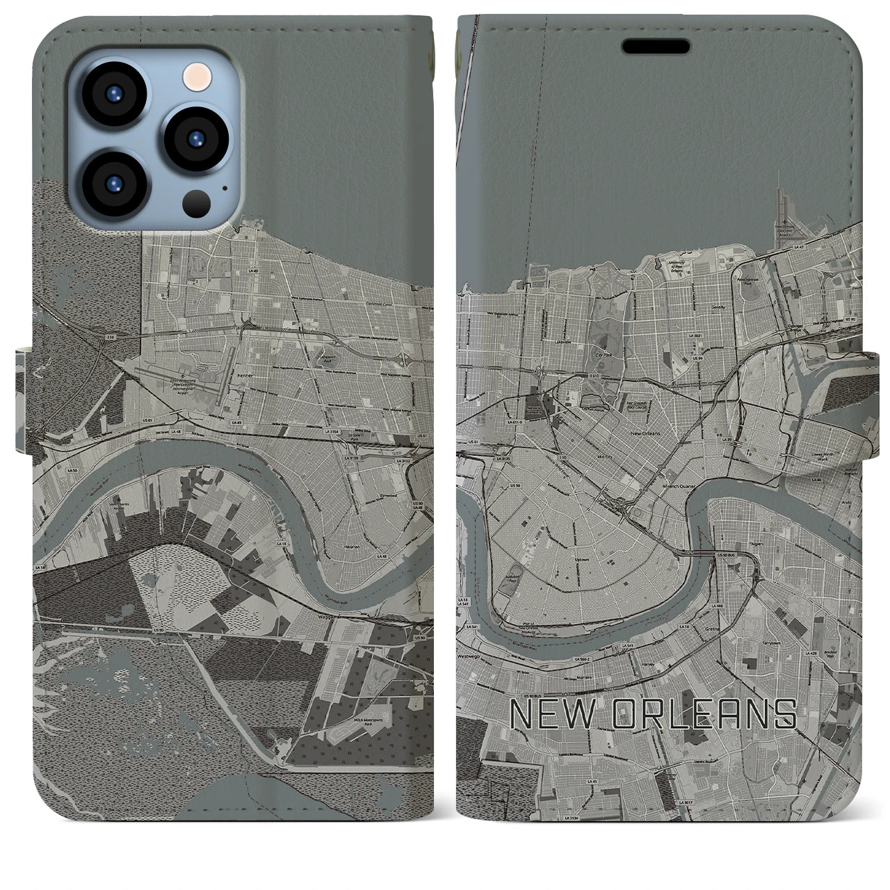 【ニューオーリンズ】地図柄iPhoneケース（手帳両面タイプ・モノトーン）iPhone 13 Pro Max 用
