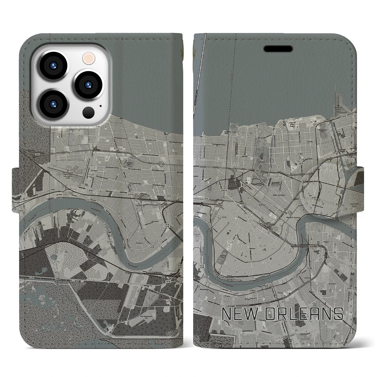 【ニューオーリンズ】地図柄iPhoneケース（手帳両面タイプ・モノトーン）iPhone 13 Pro 用