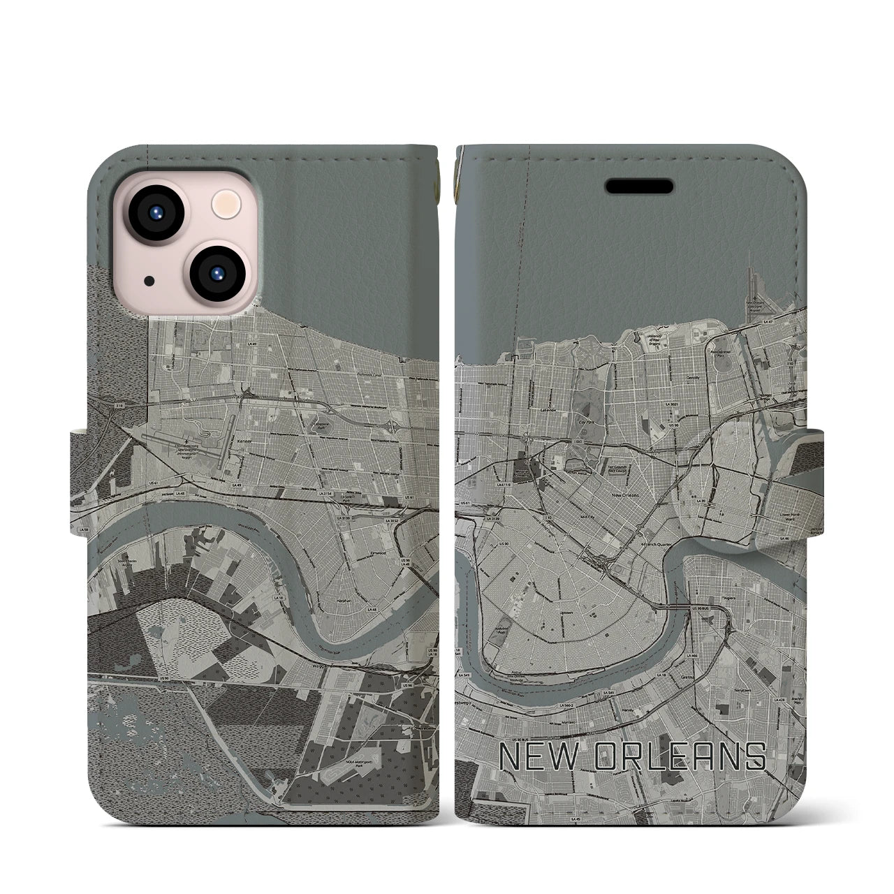 【ニューオーリンズ】地図柄iPhoneケース（手帳両面タイプ・モノトーン）iPhone 13 mini 用