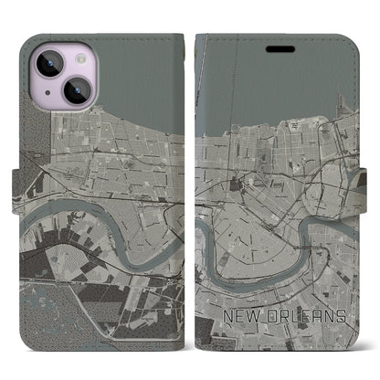 【ニューオーリンズ（アメリカ）】地図柄iPhoneケース（手帳タイプ）モノトーン・iPhone 14 用