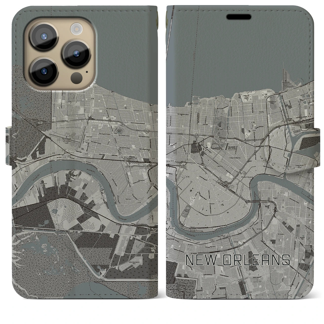 【ニューオーリンズ】地図柄iPhoneケース（手帳両面タイプ・モノトーン）iPhone 14 Pro Max 用