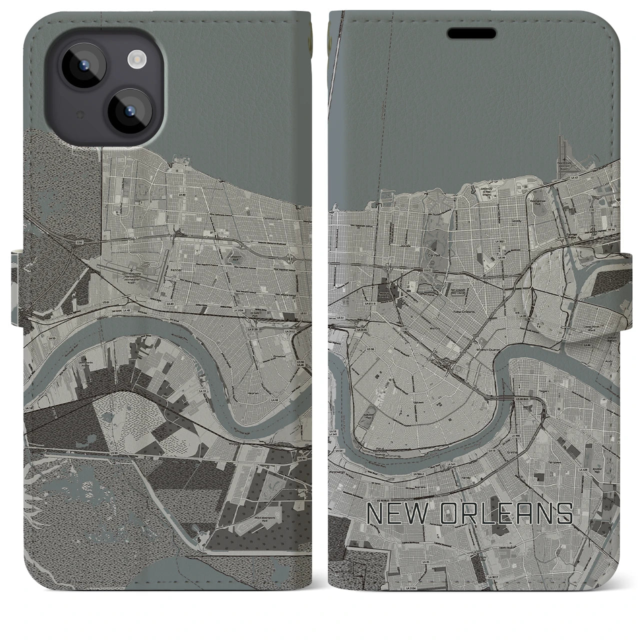 【ニューオーリンズ】地図柄iPhoneケース（手帳両面タイプ・モノトーン）iPhone 14 Plus 用