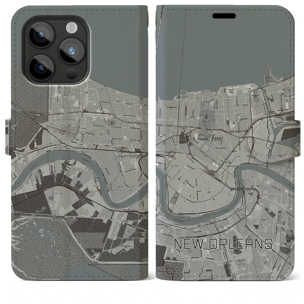 【ニューオーリンズ】地図柄iPhoneケース（手帳両面タイプ・モノトーン）iPhone 15 Pro Max 用