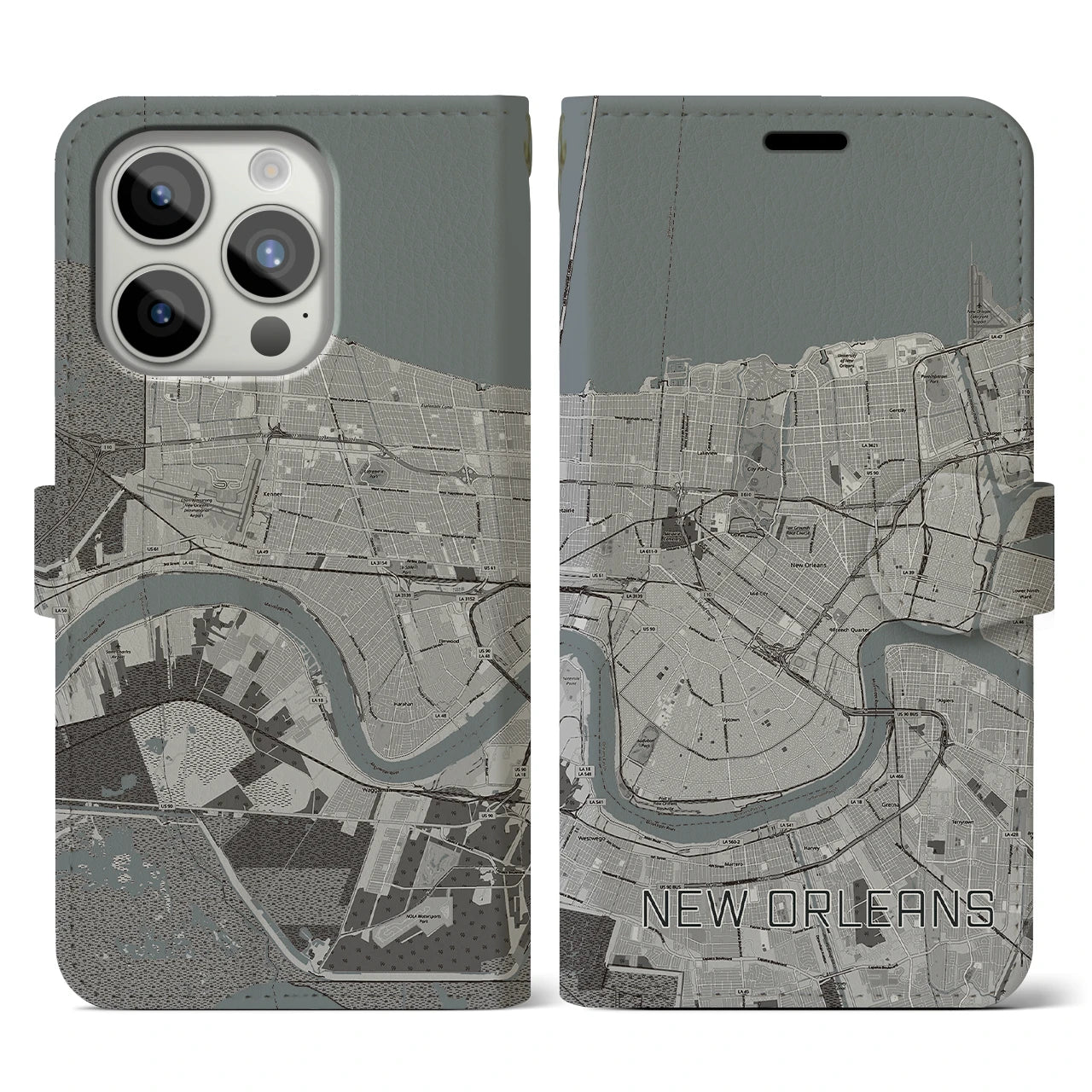 【ニューオーリンズ】地図柄iPhoneケース（手帳両面タイプ・モノトーン）iPhone 15 Pro 用