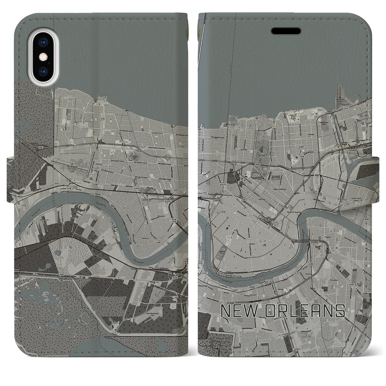 【ニューオーリンズ】地図柄iPhoneケース（手帳両面タイプ・モノトーン）iPhone XS Max 用