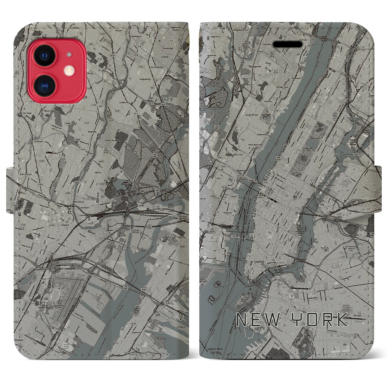 【ニューヨーク】地図柄iPhoneケース（手帳両面タイプ・モノトーン）iPhone 11 用