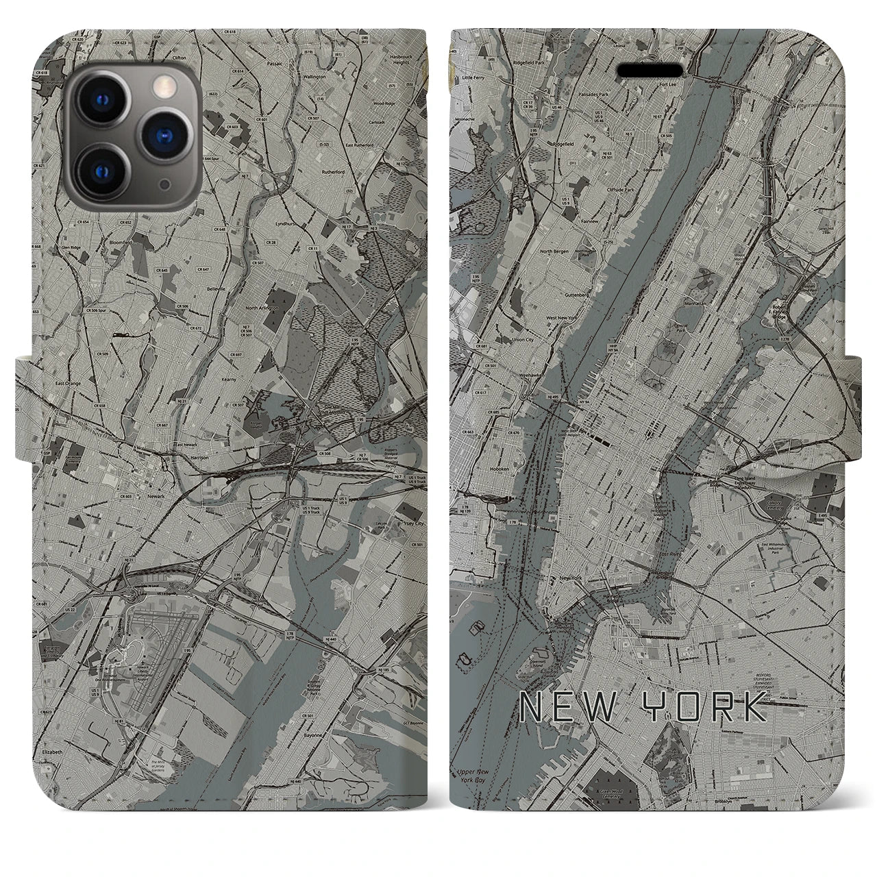 【ニューヨーク】地図柄iPhoneケース（手帳両面タイプ・モノトーン）iPhone 11 Pro Max 用