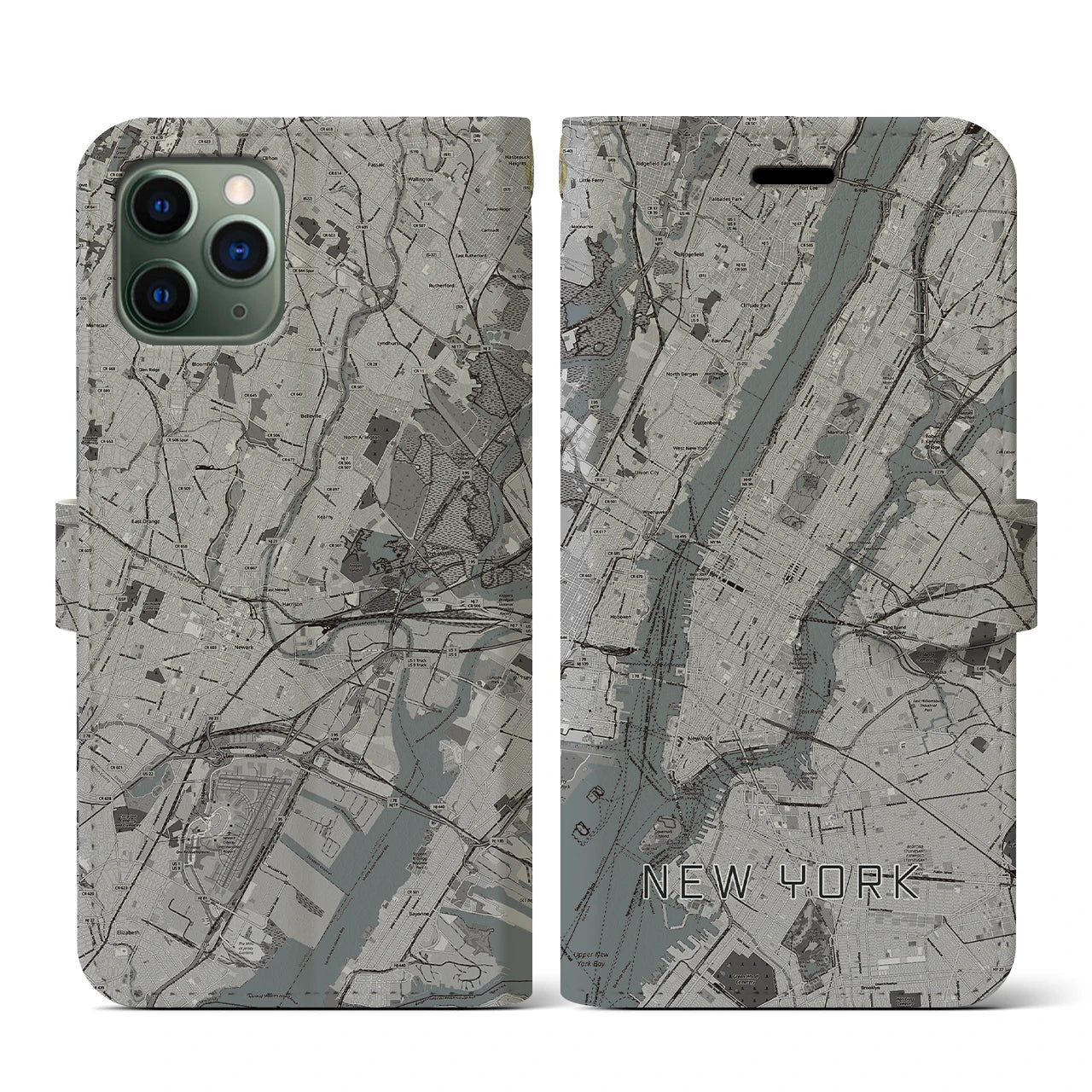 【ニューヨーク】地図柄iPhoneケース（手帳両面タイプ・モノトーン）iPhone 11 Pro 用