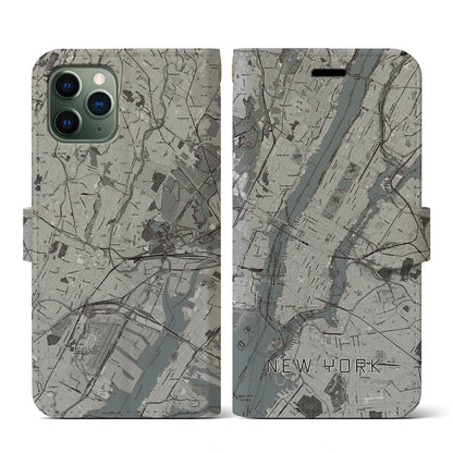 【ニューヨーク（アメリカ）】地図柄iPhoneケース（手帳タイプ）モノトーン・iPhone 11 Pro 用