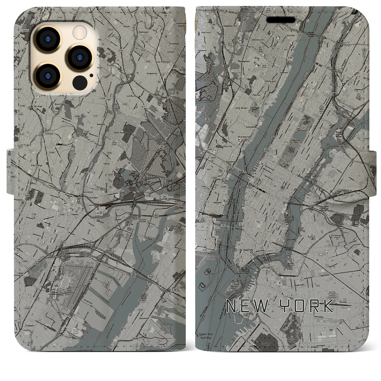 【ニューヨーク】地図柄iPhoneケース（手帳両面タイプ・モノトーン）iPhone 12 Pro Max 用