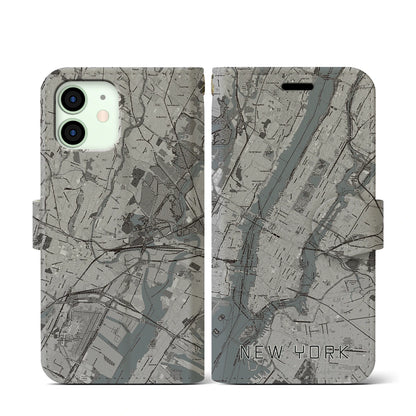 【ニューヨーク（アメリカ）】地図柄iPhoneケース（手帳タイプ）モノトーン・iPhone 12 mini 用