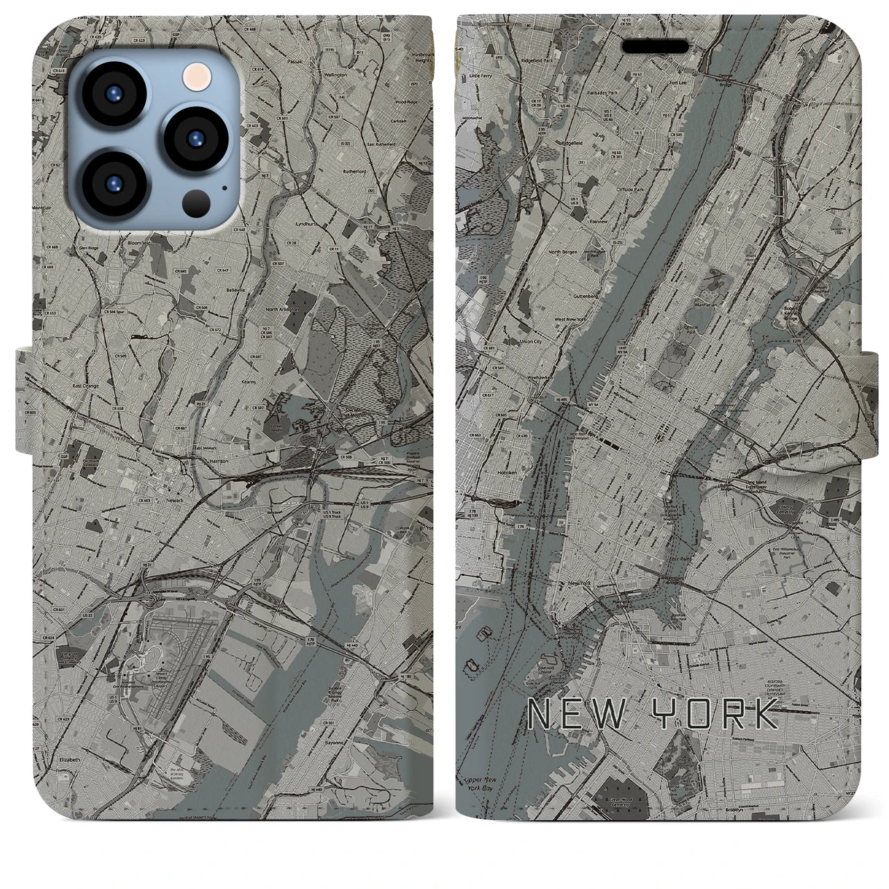 【ニューヨーク】地図柄iPhoneケース（手帳両面タイプ・モノトーン）iPhone 13 Pro Max 用