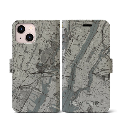 【ニューヨーク（アメリカ）】地図柄iPhoneケース（手帳タイプ）モノトーン・iPhone 13 mini 用
