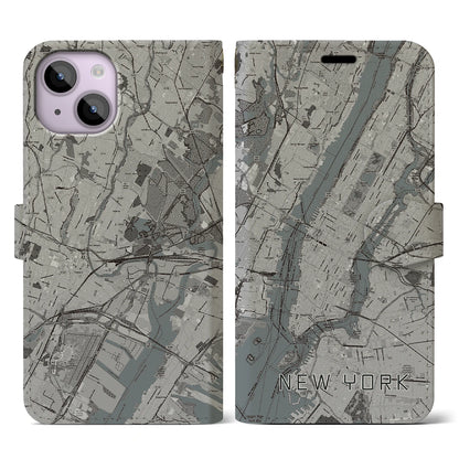 【ニューヨーク（アメリカ）】地図柄iPhoneケース（手帳タイプ）モノトーン・iPhone 14 用