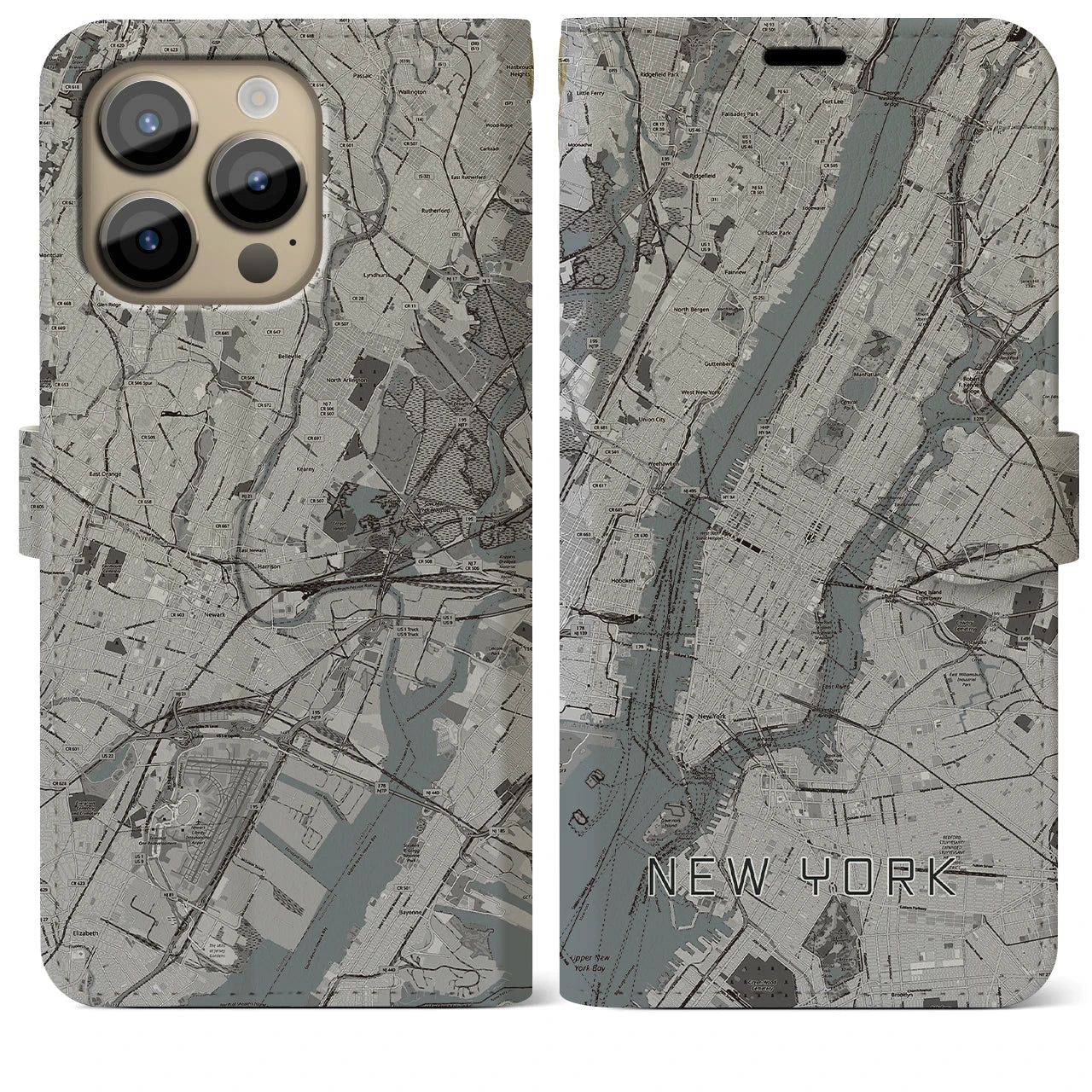 【ニューヨーク】地図柄iPhoneケース（手帳両面タイプ・モノトーン）iPhone 14 Pro Max 用
