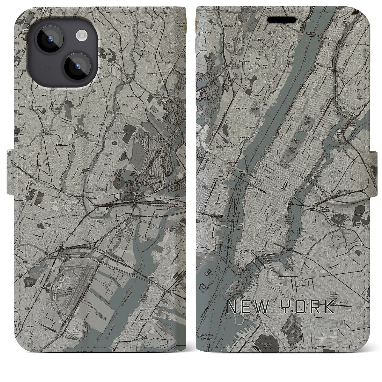 【ニューヨーク】地図柄iPhoneケース（手帳両面タイプ・モノトーン）iPhone 14 Plus 用