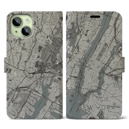 【ニューヨーク（アメリカ）】地図柄iPhoneケース（手帳タイプ）モノトーン・iPhone 15 用