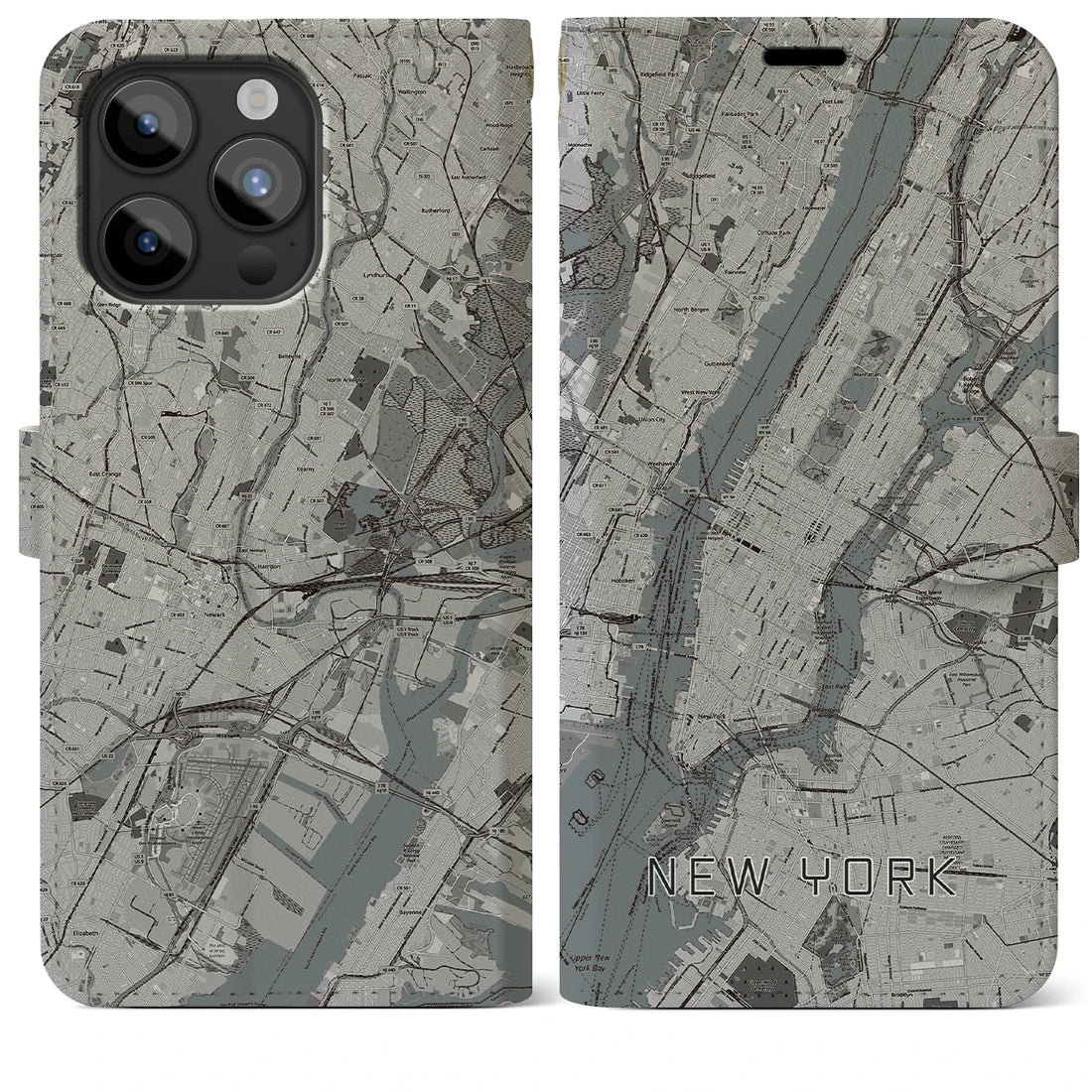 【ニューヨーク】地図柄iPhoneケース（手帳両面タイプ・モノトーン）iPhone 15 Pro Max 用