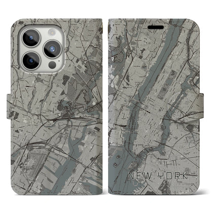 【ニューヨーク（アメリカ）】地図柄iPhoneケース（手帳タイプ）モノトーン・iPhone 15 Pro 用